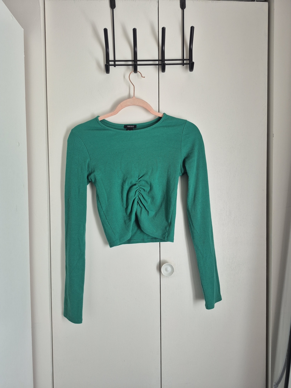 Forever 21 Teal Green Ruched Front Long-Sleeve Crop Top